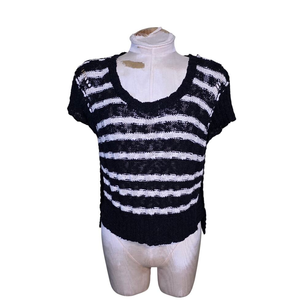 Free‎ People Stripe Wide Rib Knit Sweater black white Size XS